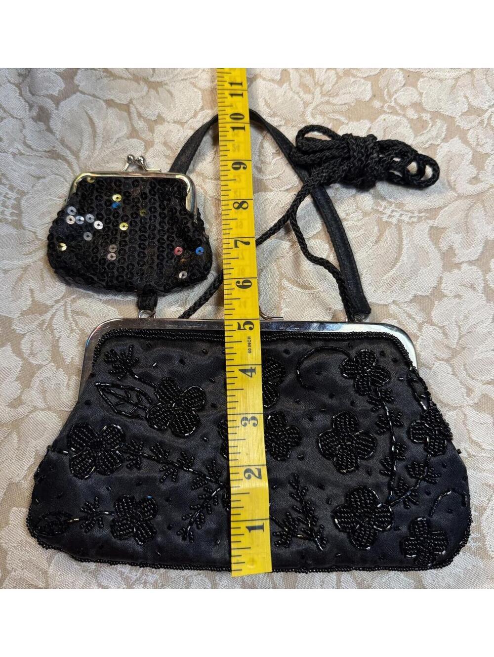 Black Beaded Floral Frame Handbag with Matching Coin Purse